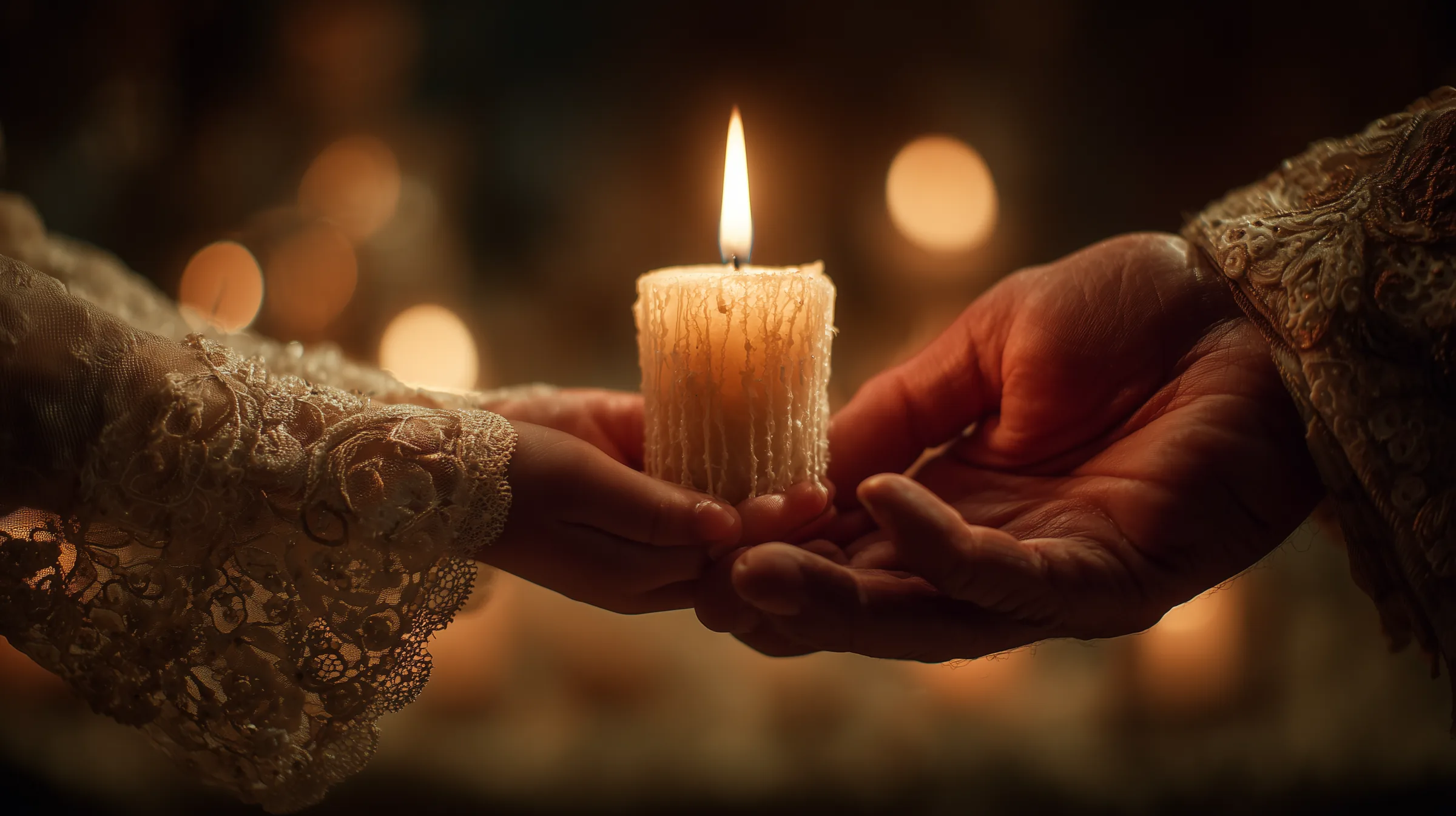 Kleine Kinderhand wird von einer größeren Hand gehalten, Taufkerze im Bokeh