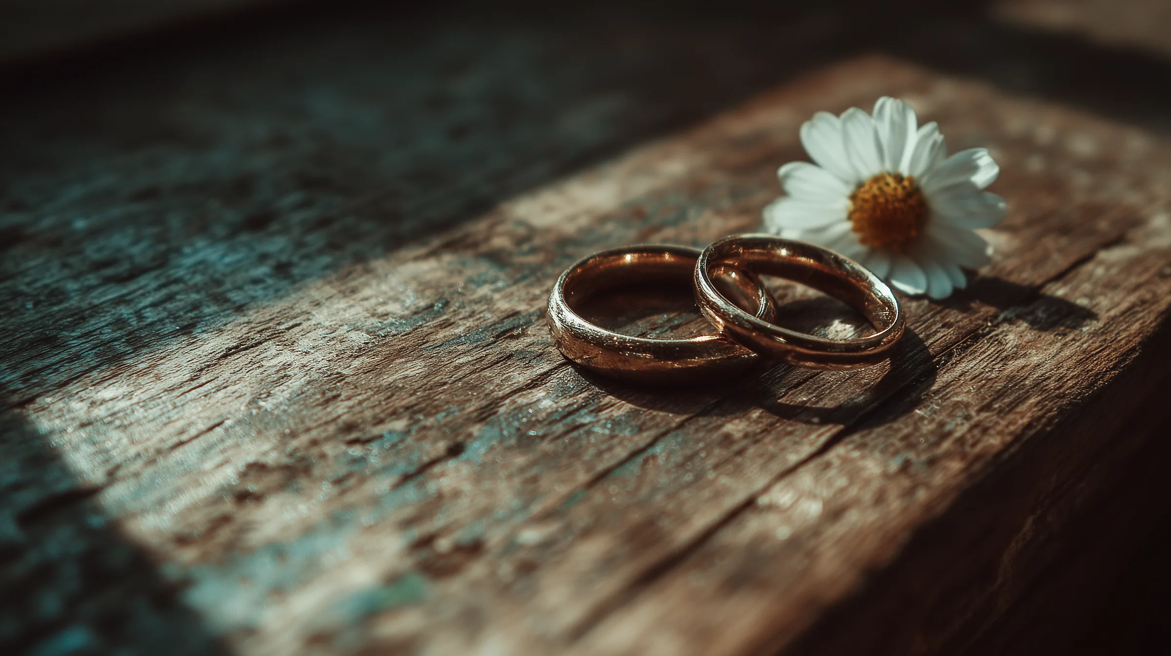 Zwei Eheringe auf verwitterter Holzfläche mit einer Gänseblume, warmes Nachmittagslicht